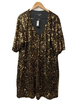 City Chic Womens Cocktail Party Dress Evening Sequin Glam V-neck Gold Size XL/22